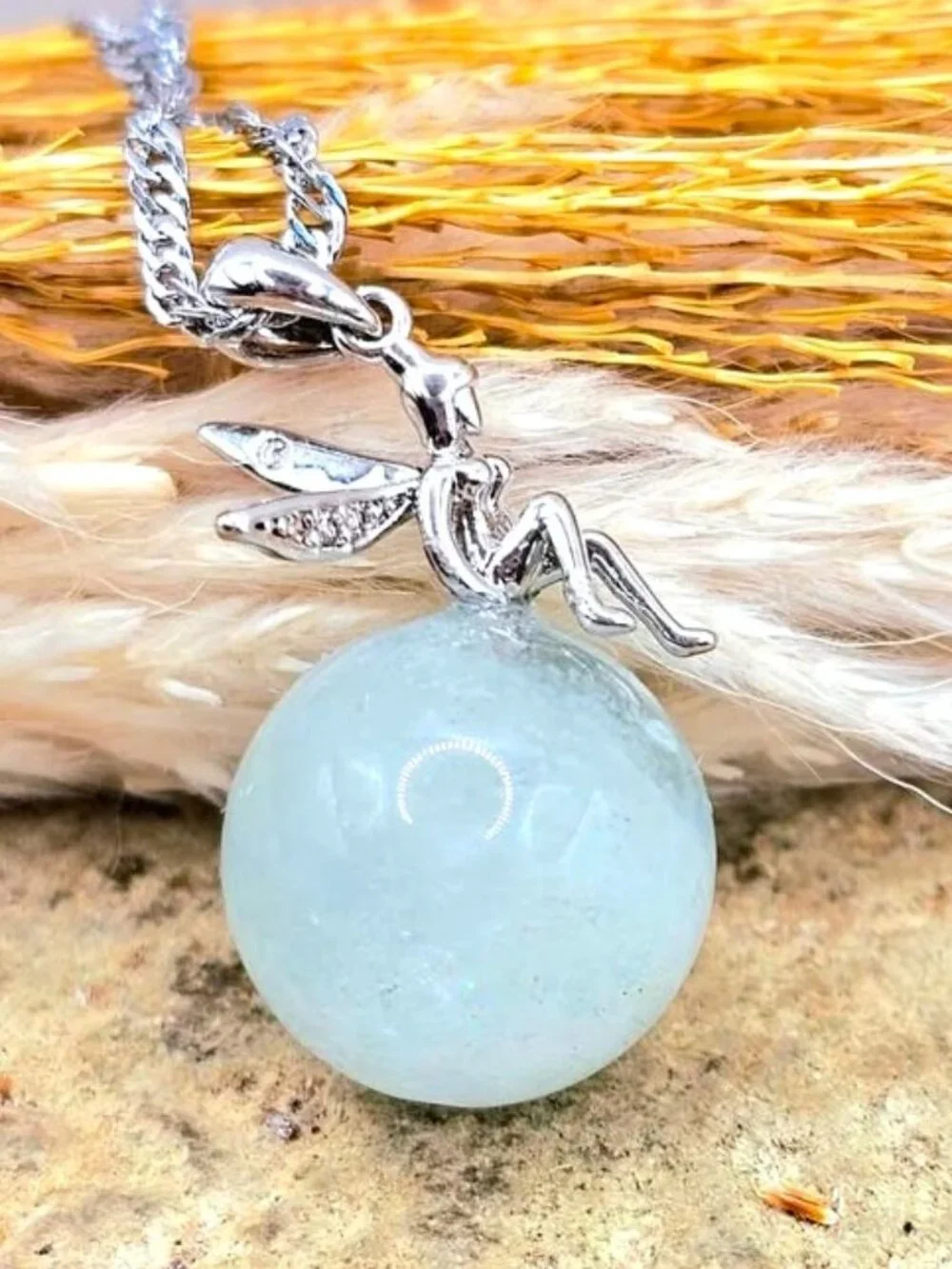 Natural Blue Morganite 14mm Round Bead Fairy Pendant Necklace